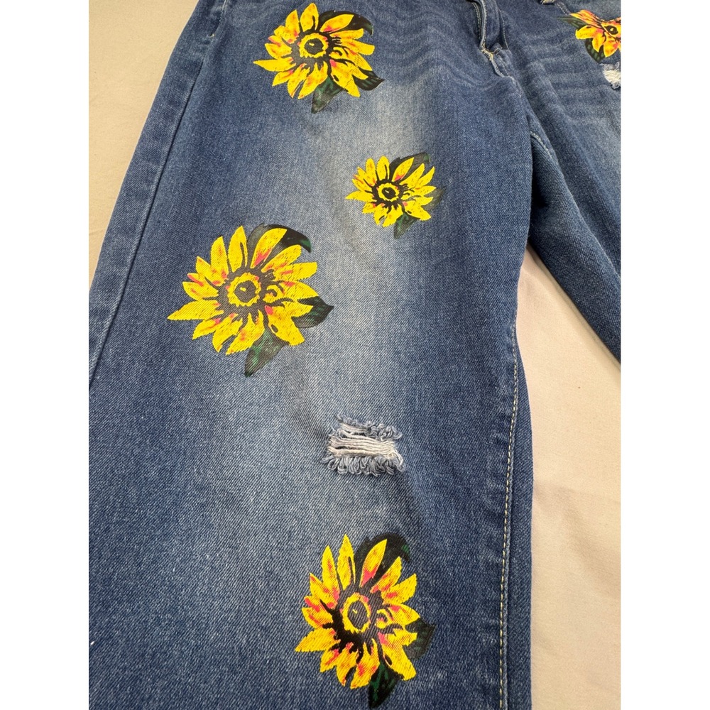 Misslook Sunflower Print Distressed Straight Leg Denim Jeans Blue 2XL boho art - Picture 11 of 14